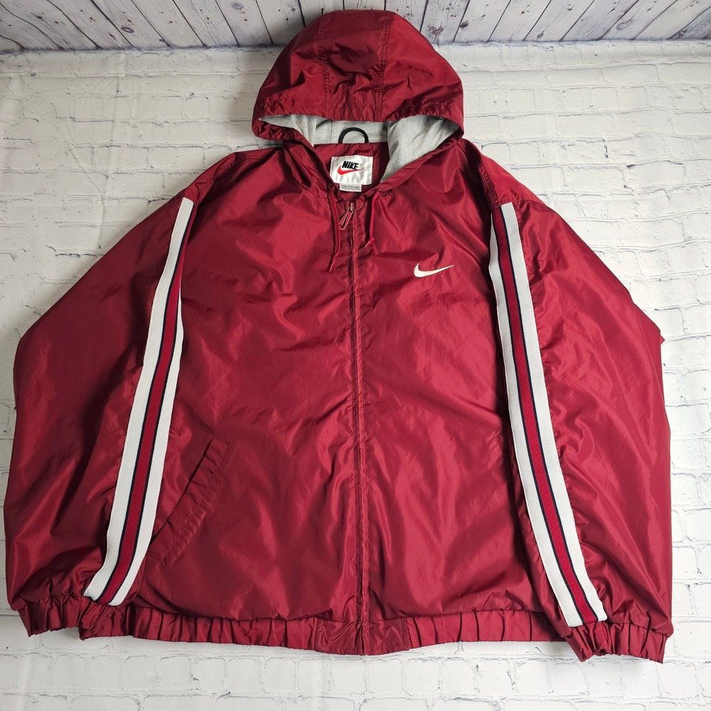 Nike Vintage 90s Windbreaker Jacket XXL Red Hooded Full‎ Zip Swoosh Striped Mens